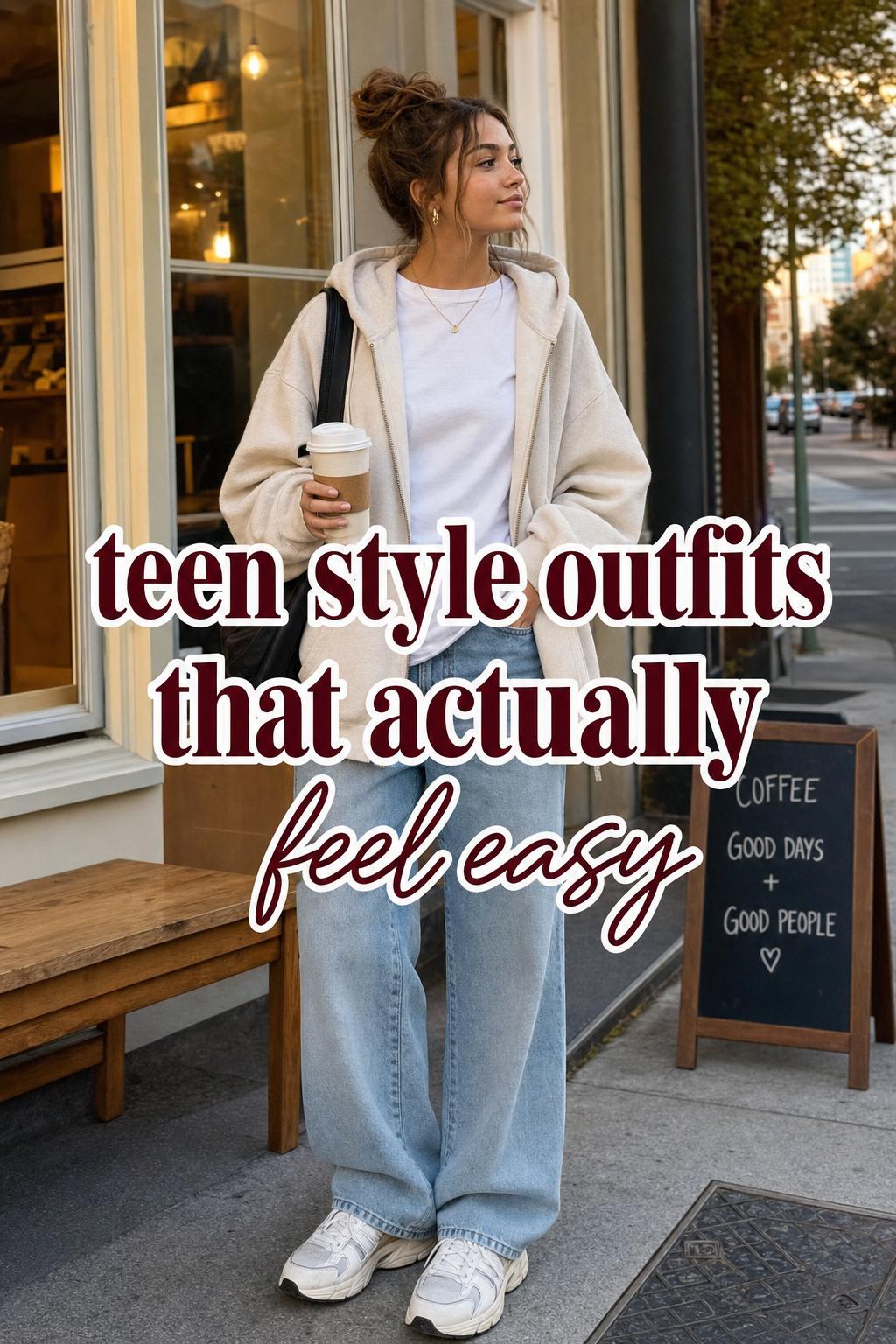 Teen style outfits in warm golden-hour street scene with hoodie, wide-leg jeans, sneakers, and backpack in a candid moment