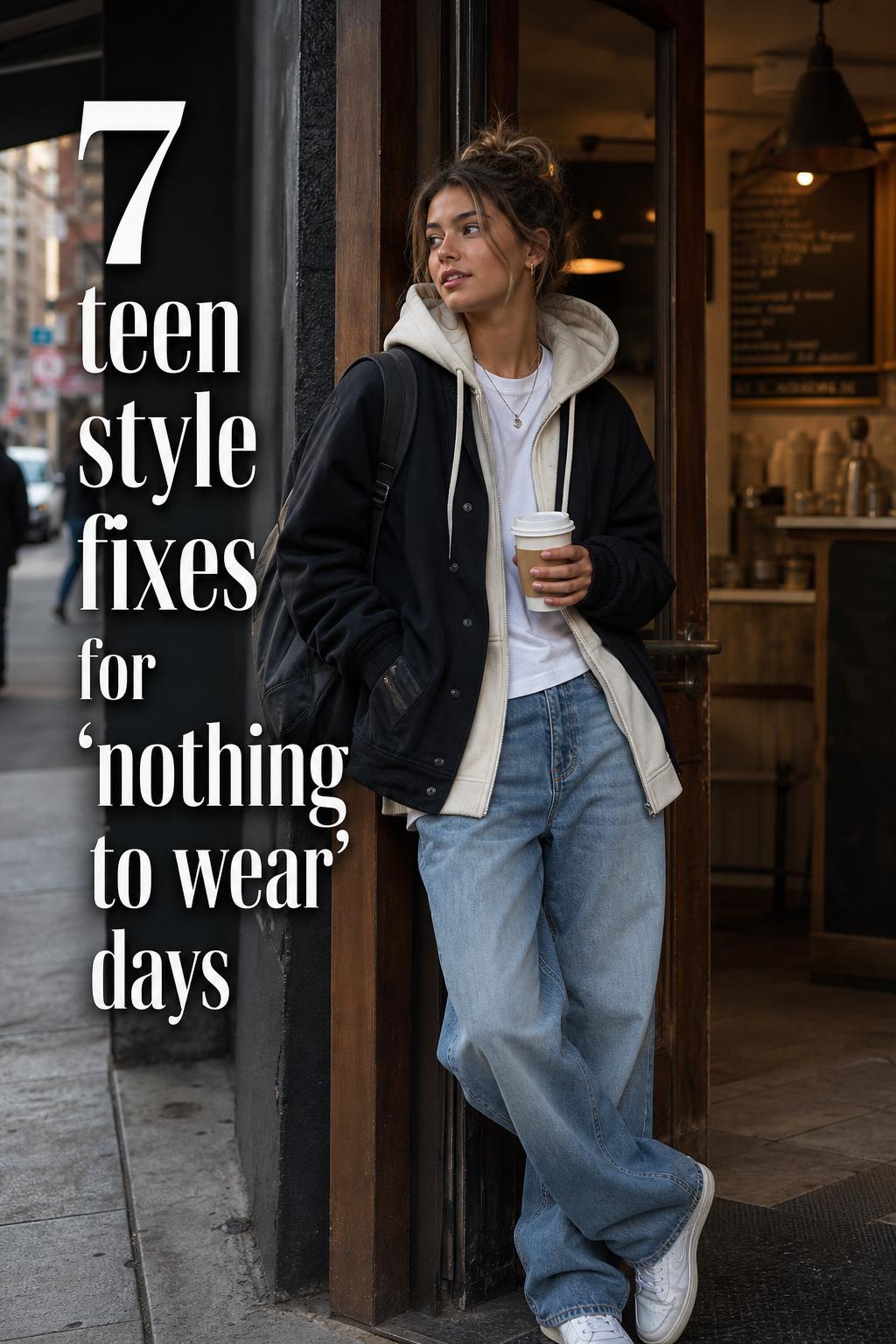 Teen style in a city coffee doorway with layered hoodie and bomber, wide-leg jeans, sneakers, and backpack in moody light