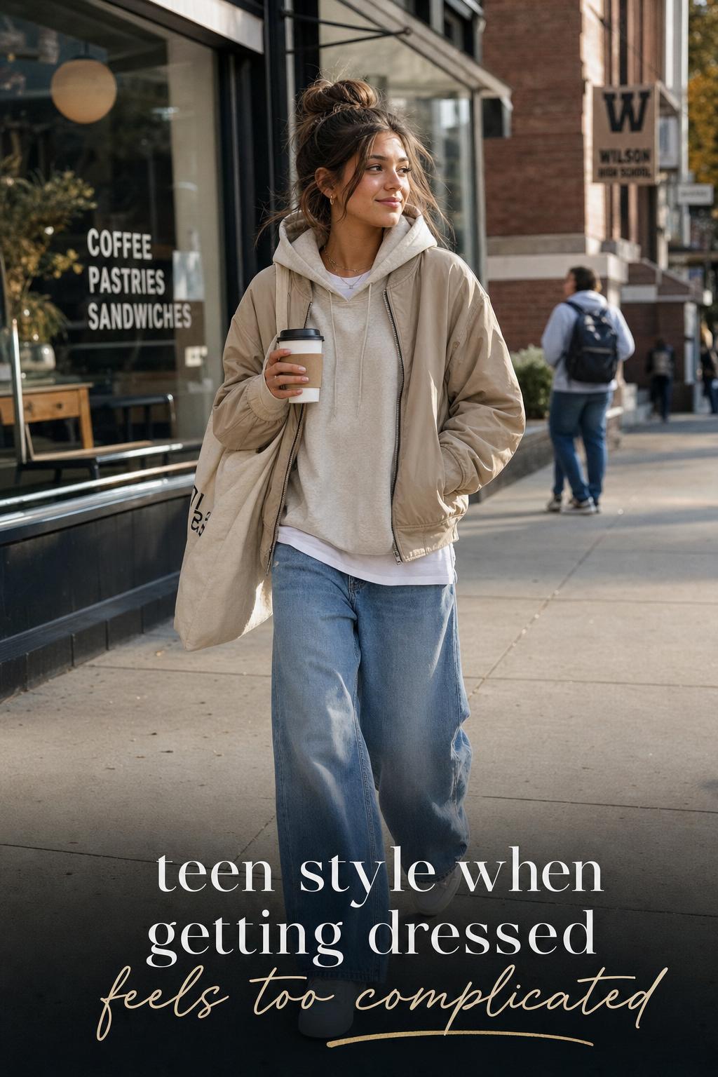 Teen style outfit on a city sidewalk: girl in hoodie and bomber jacket walking with coffee near a school and cafe