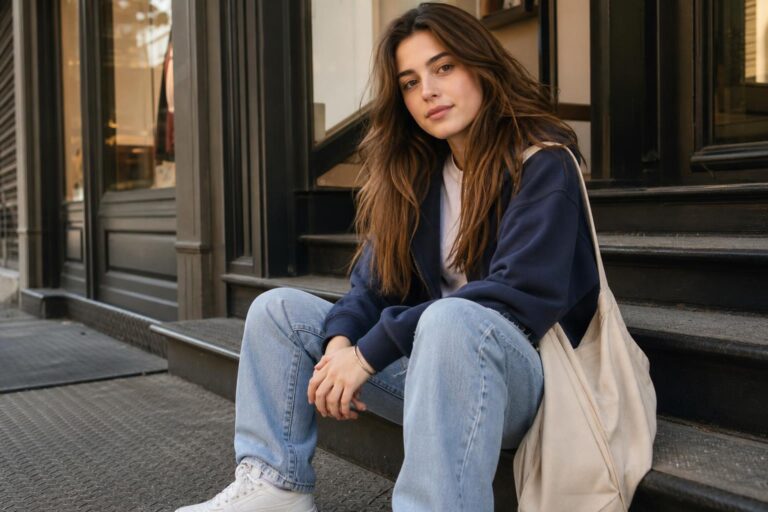 Teen style outfit with oversized hoodie, relaxed jeans, and white sneakers for a fresh, polished everyday look