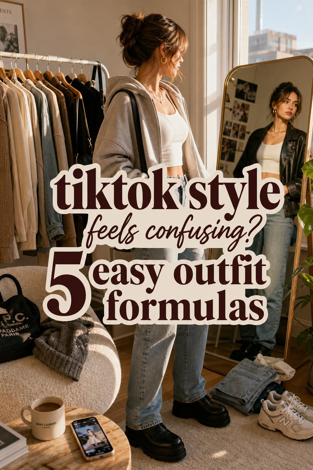 tiktok style outfit formulas in a cozy city apartment, young woman styling a rack at golden hour with streetwear and soft neutrals