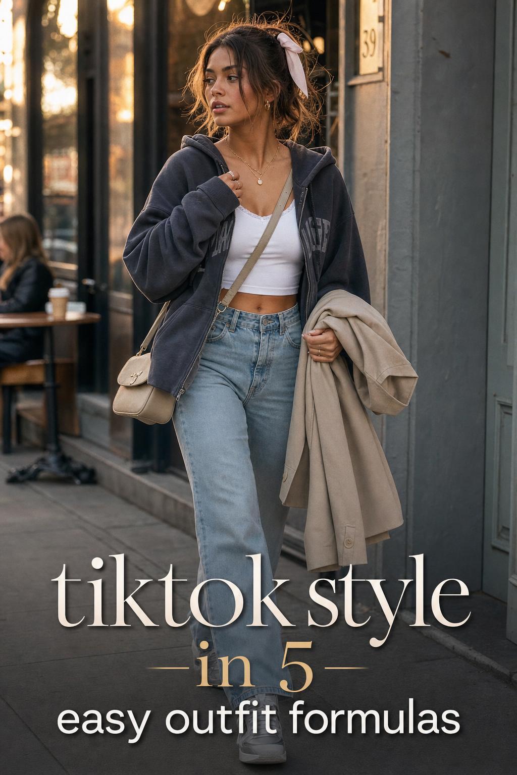 tiktok style outfit on a young woman walking a city sidewalk at golden hour in layered hoodie, crop top, jeans and sneakers