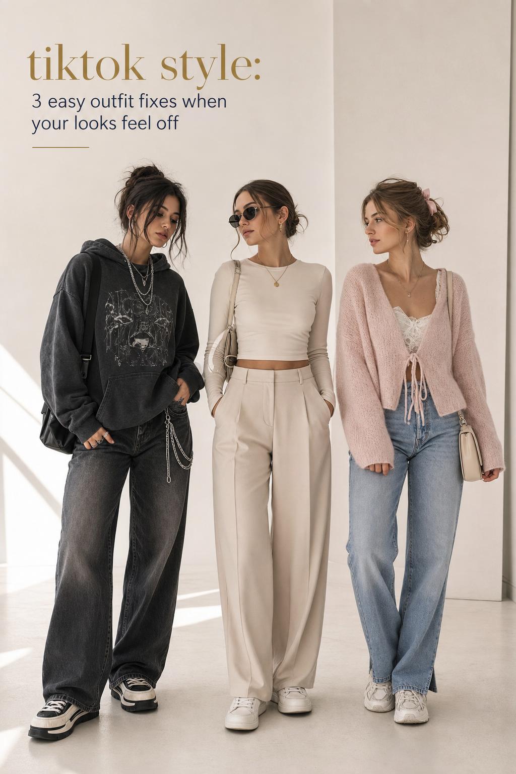tiktok style fashion lineup with three young women in grunge, minimalist, and coquette outfits in a bright studio