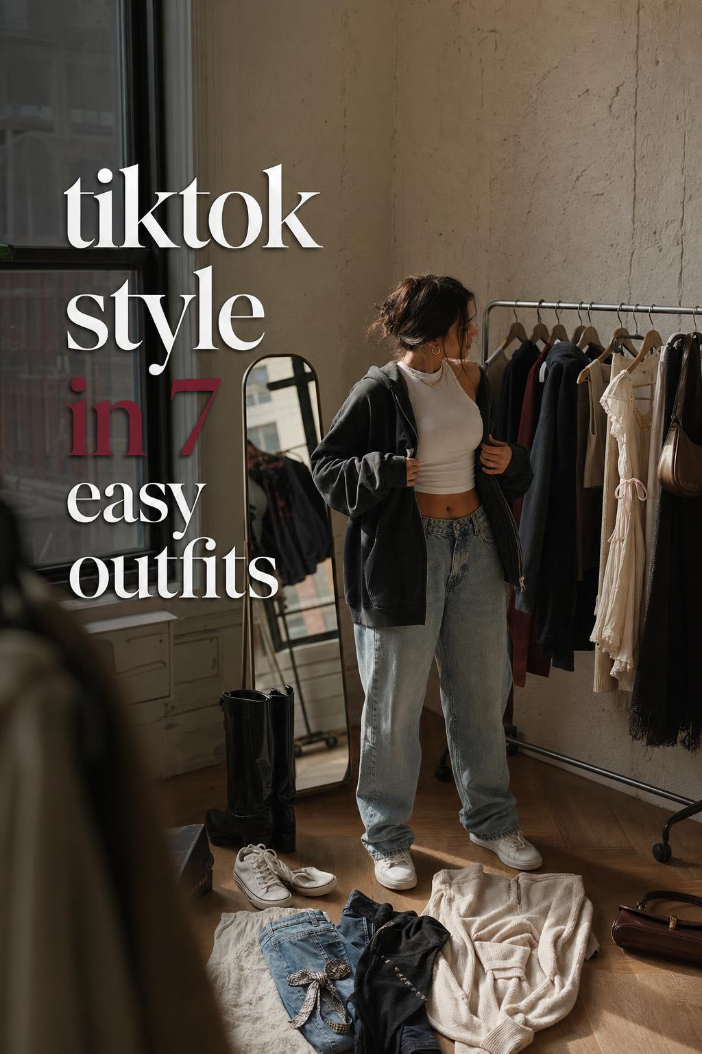 tiktok style fashion editorial in urban loft with woman curating outfits by window light, mirror and clothing rack