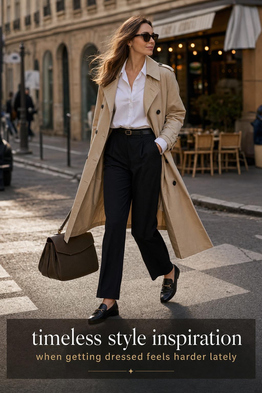timeless style inspiration with a woman in a beige trench crossing a sunlit European-style city street near a chic cafe