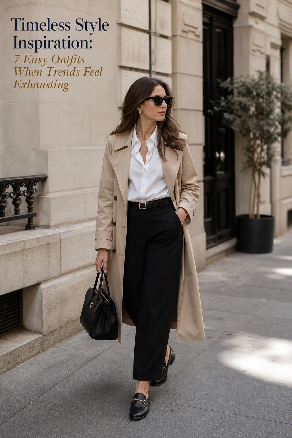 Timeless style inspiration: woman in beige trench coat with black trousers, loafers, sunglasses, and leather bag on a European street