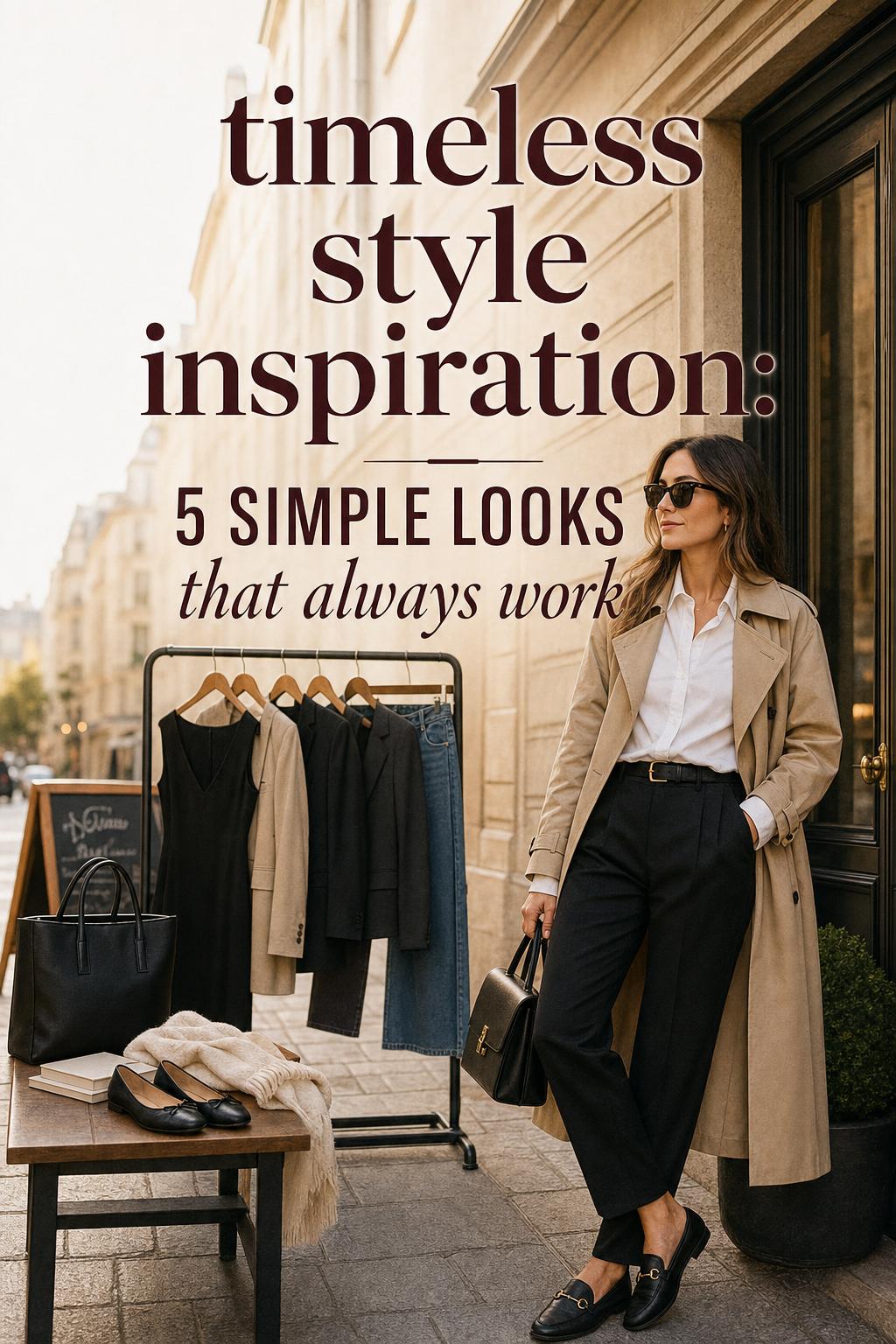 Timeless style inspiration: woman in beige trench coat on a European-inspired city street at golden hour with capsule wardrobe pieces