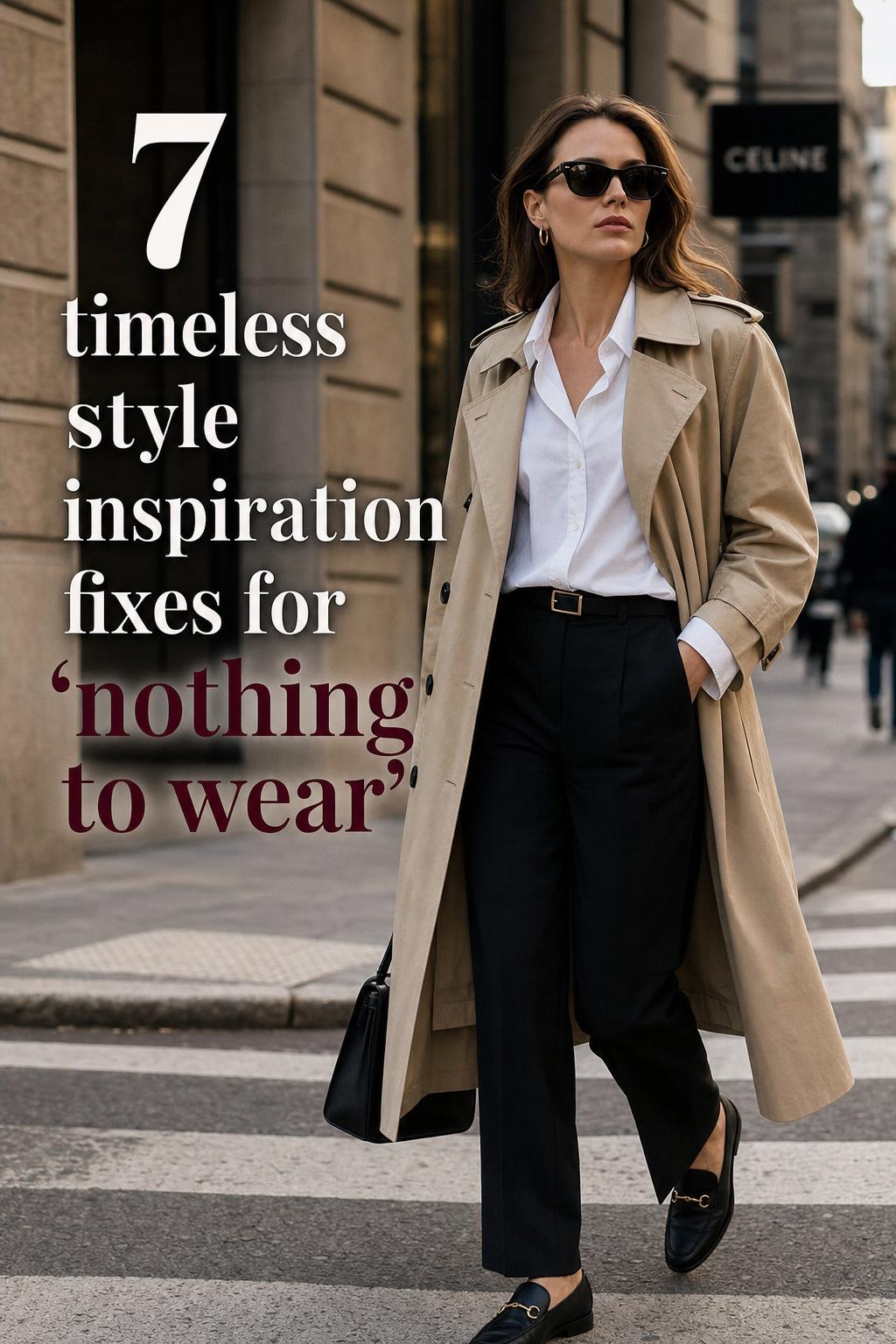 Timeless style inspiration: woman in beige trench coat walking a chic city street with editorial text overlay