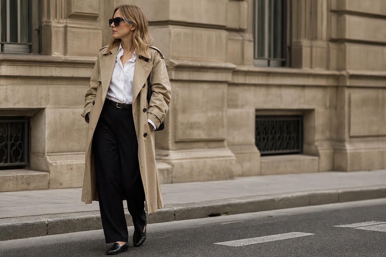 Timeless style inspiration outfit with beige trench coat, white shirt, black trousers and loafers in a city street