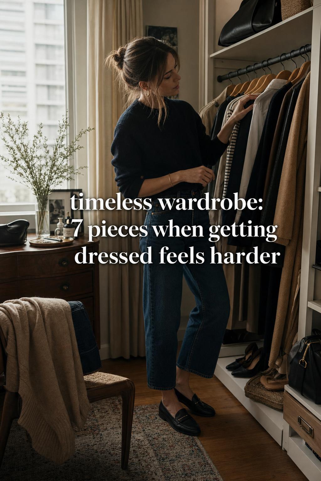 Timeless wardrobe dressing moment in a modern apartment, woman choosing classic pieces with text overlay about 7 essentials