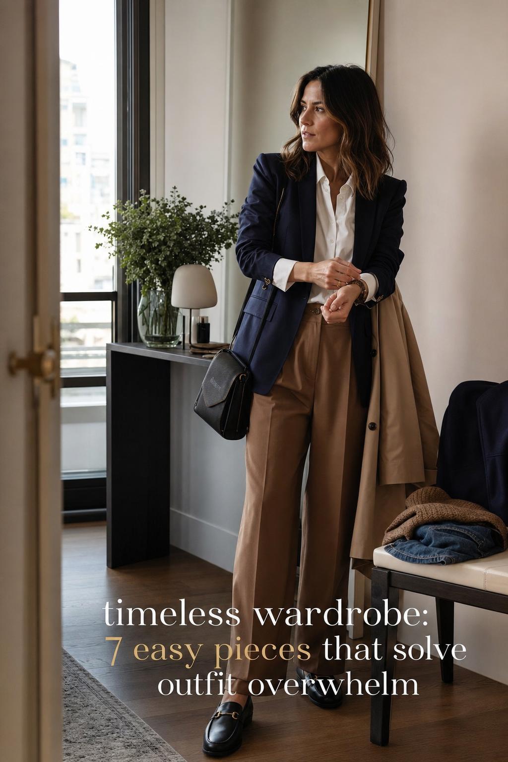 Timeless wardrobe moment as a stylish woman adjusts her blazer cuff by a bright apartment window with tailored trousers and loafers