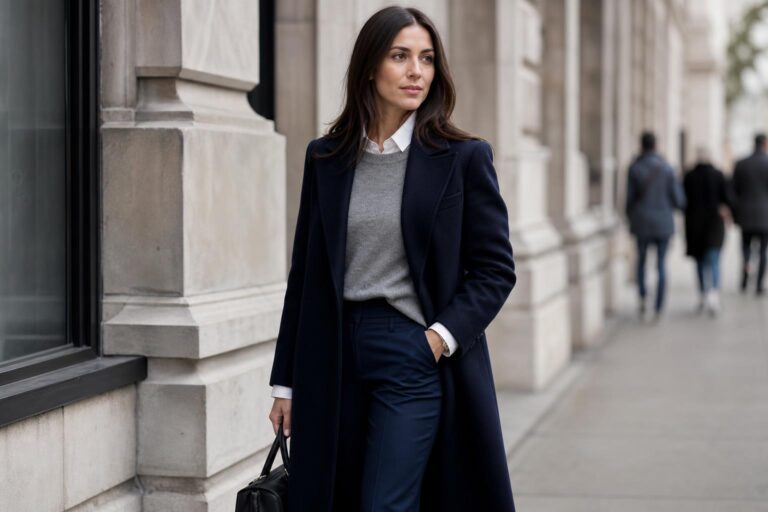 Timeless wardrobe essentials laid out with trench coat, navy blazer, white shirt, dark jeans, loafers and structured bag