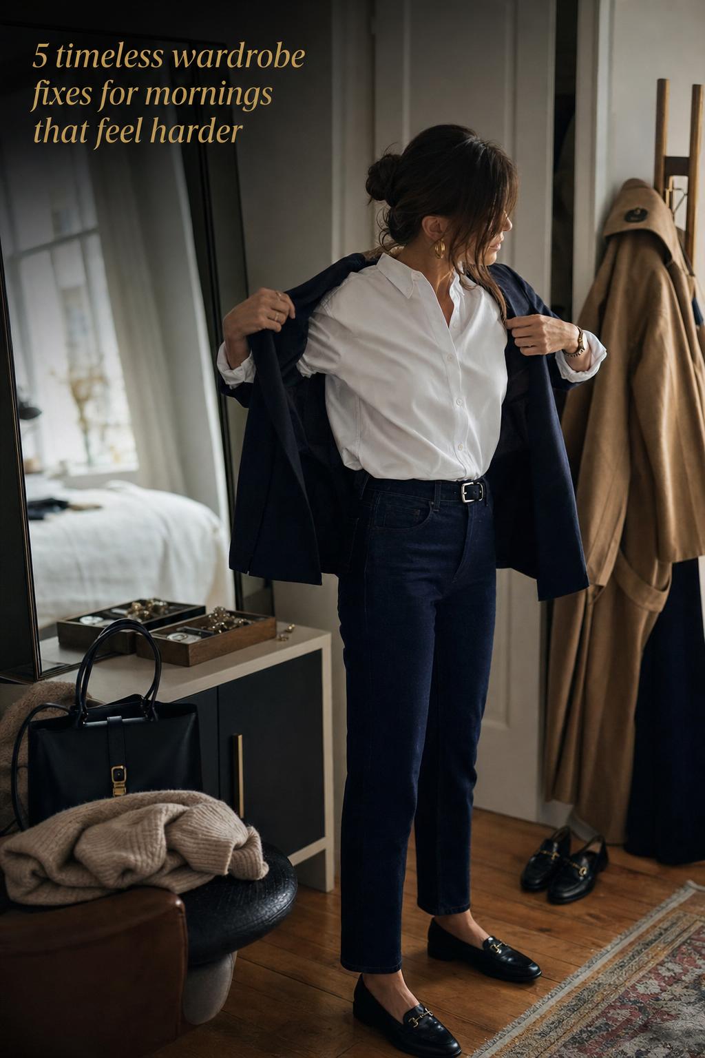 Stylish woman layering a navy blazer in a calm apartment entryway, showcasing a timeless wardrobe for work mornings.