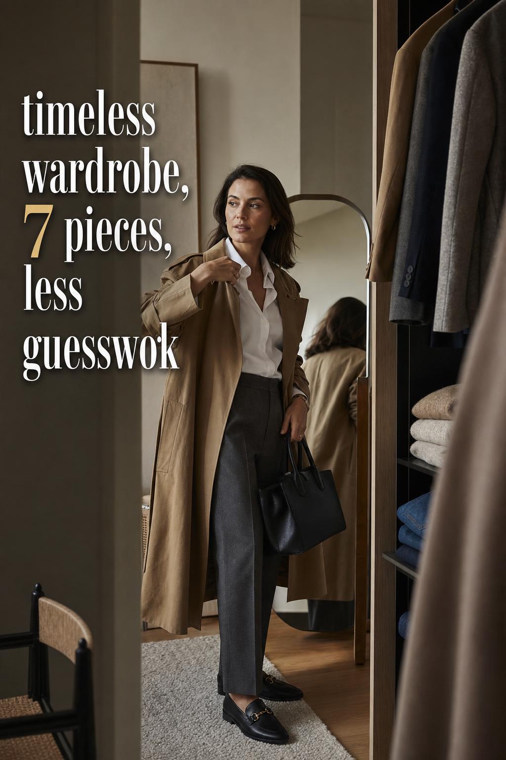 Timeless wardrobe morning routine in a city apartment, woman adjusting camel trench by open closet and mirror