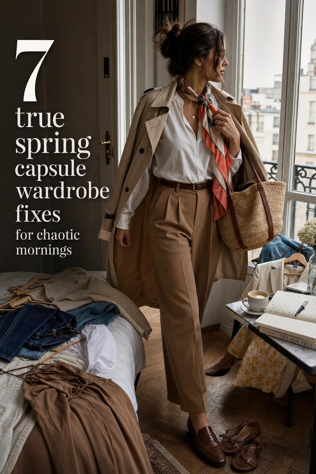 True spring capsule wardrobe look with woman in trench and camel trousers by a sunlit apartment window, city morning