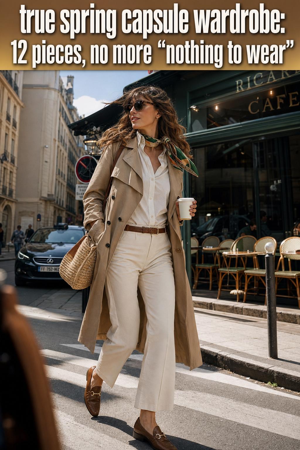 True spring capsule wardrobe laid out in bright warm colors with light layers, dresses, and accessories on a bed