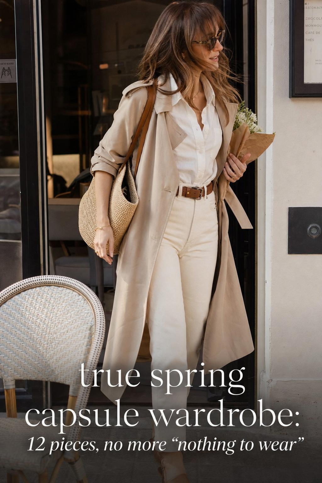 True spring capsule wardrobe street-style look with trench, cream blouse, sand trousers, raffia bag, and coral accent in soft sunlight