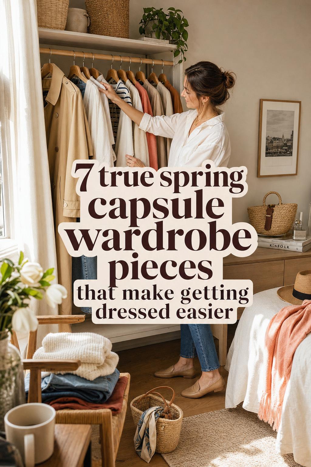 True spring capsule wardrobe scene with woman choosing a trench coat beside a sunlit rack of warm neutral outfits at home