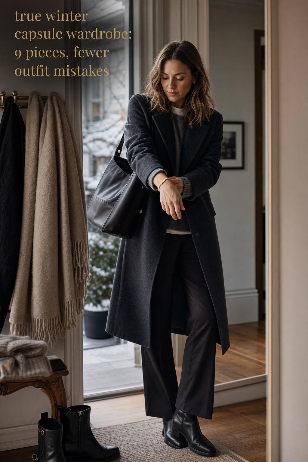 Woman entering townhouse hallway in a true winter capsule wardrobe, wool coat and boots, candid city winter transition.