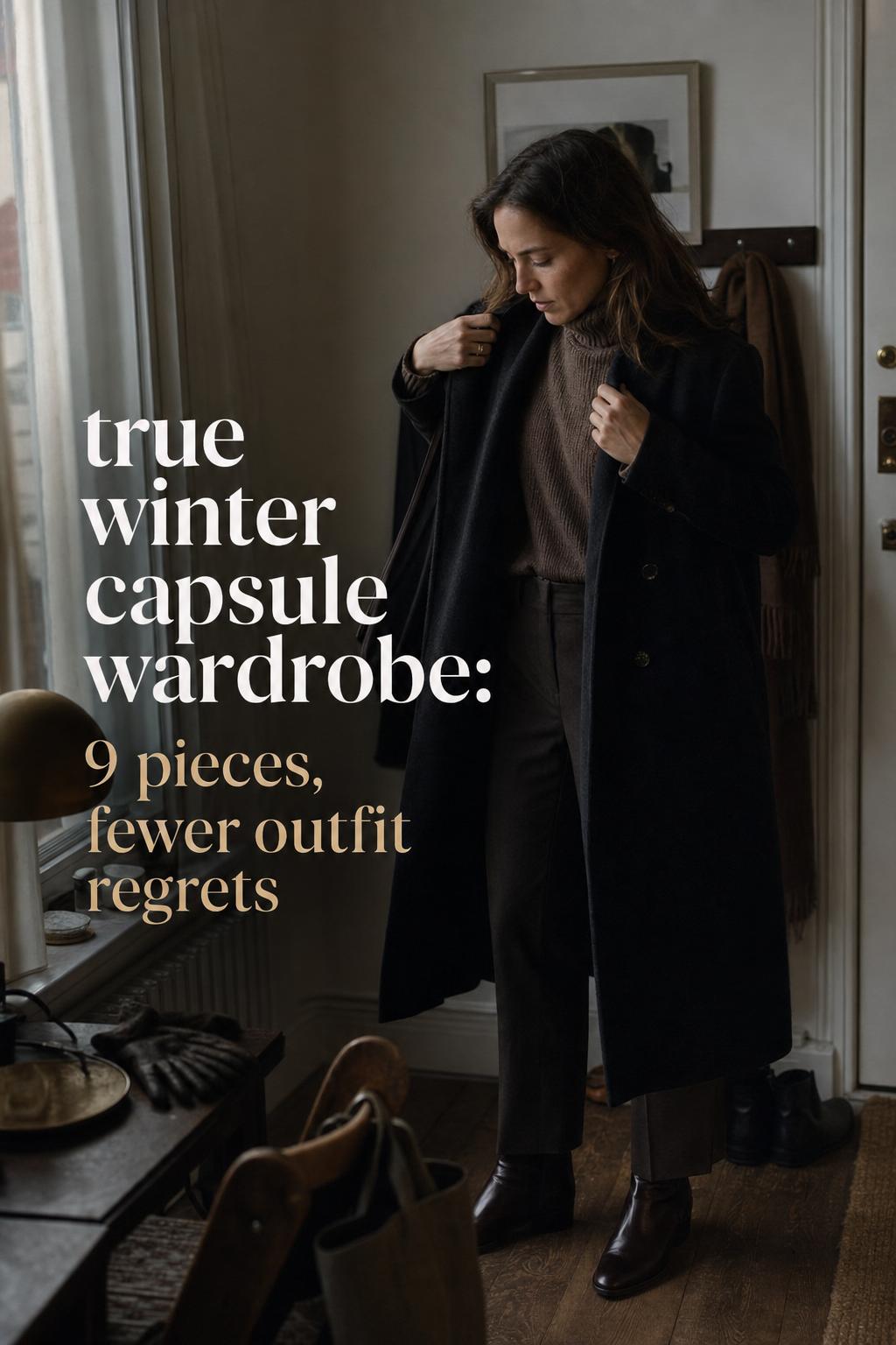 True winter capsule wardrobe outfit: woman adjusts wool coat in a city apartment entryway on a dim winter morning