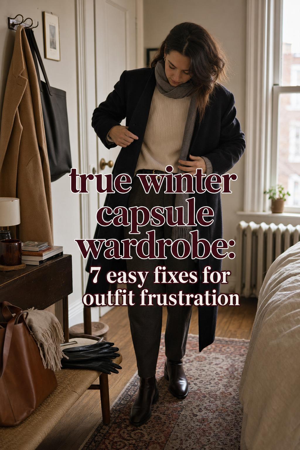 Woman layering wool coat and scarf in a warm entryway, showing a true winter capsule wardrobe for daily commute