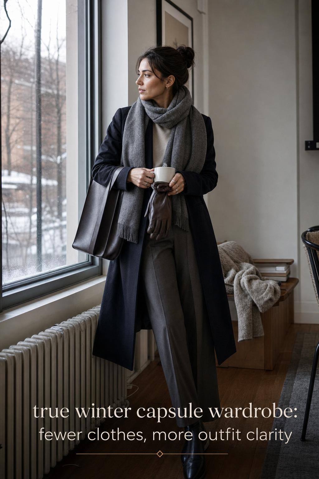 Woman adjusting wool coat by window with coffee, showcasing a true winter capsule wardrobe in a modern entryway.