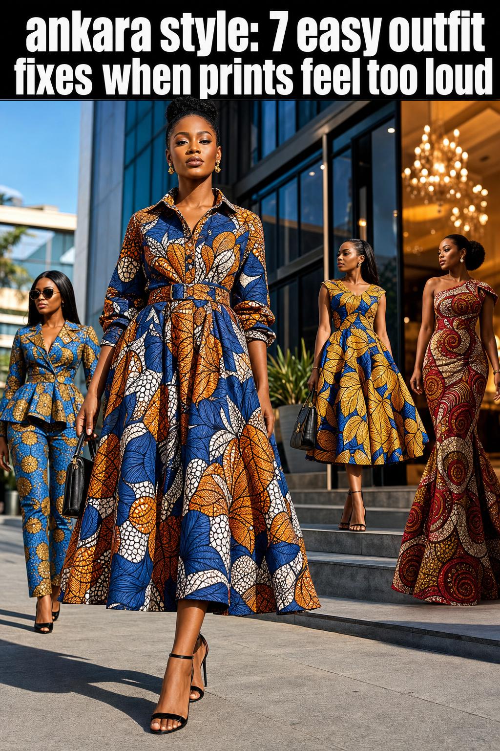 Photographic portrait of a woman wearing vibrant ankara style fabric in a modern outdoor setting