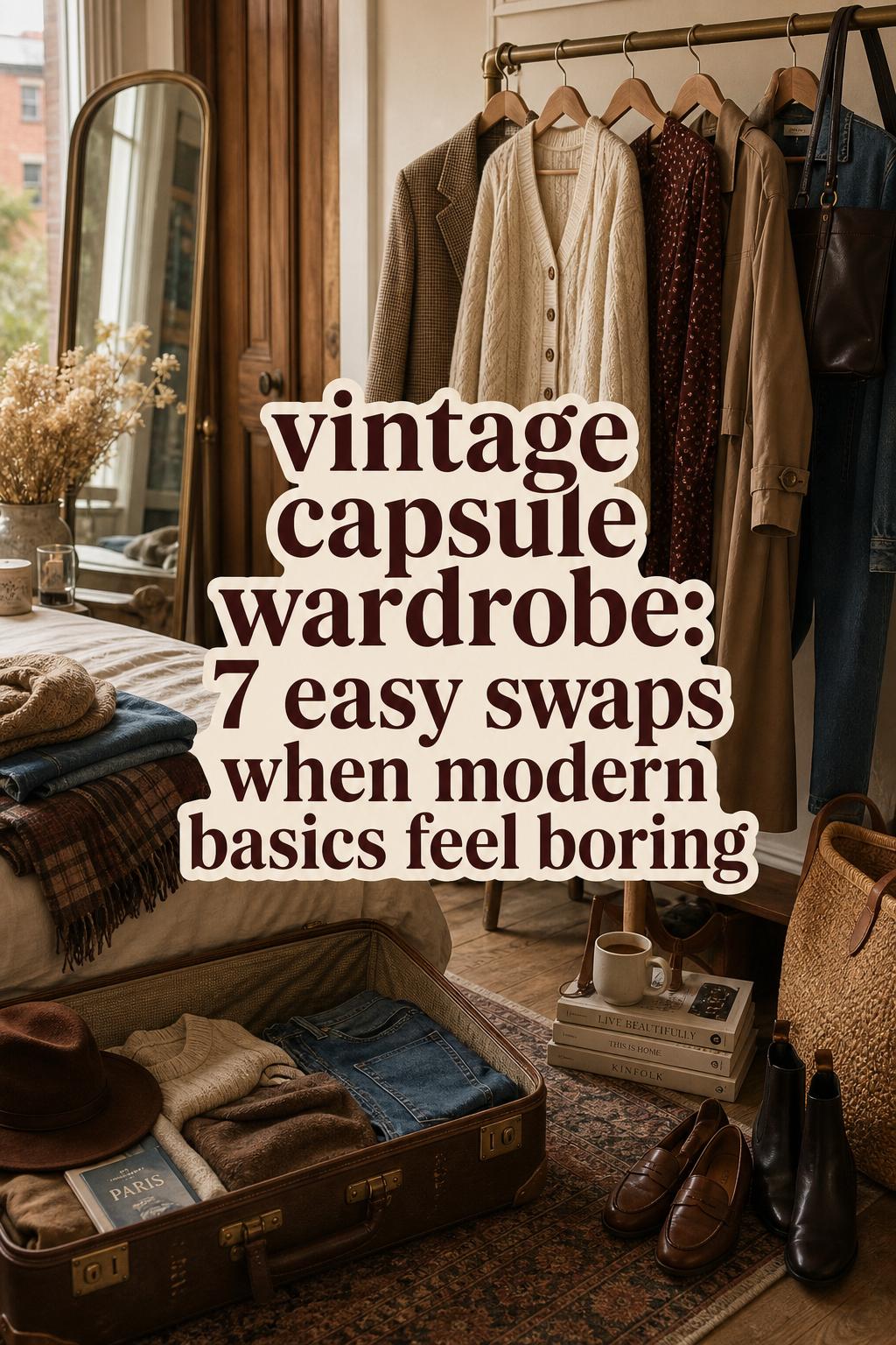 Vintage capsule wardrobe outfits laid out in a warm apartment entryway with blazer, trench, jeans, boots, and suitcase