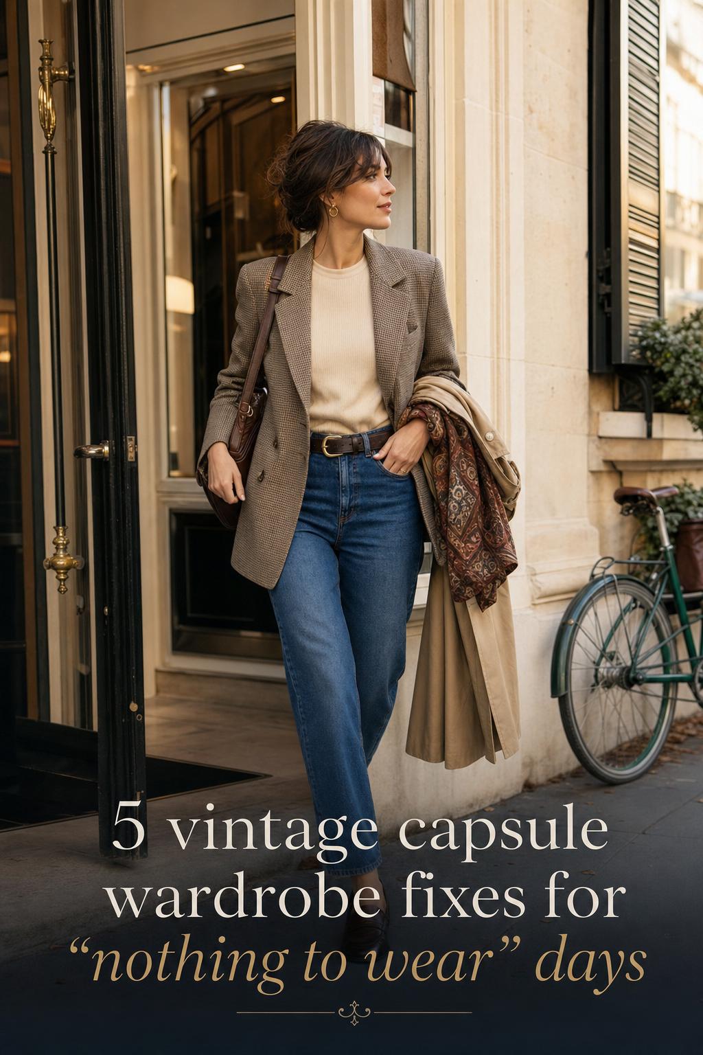 Woman walking in city street wearing a vintage capsule wardrobe outfit with blazer, jeans, loafers and silk scarf in soft daylight