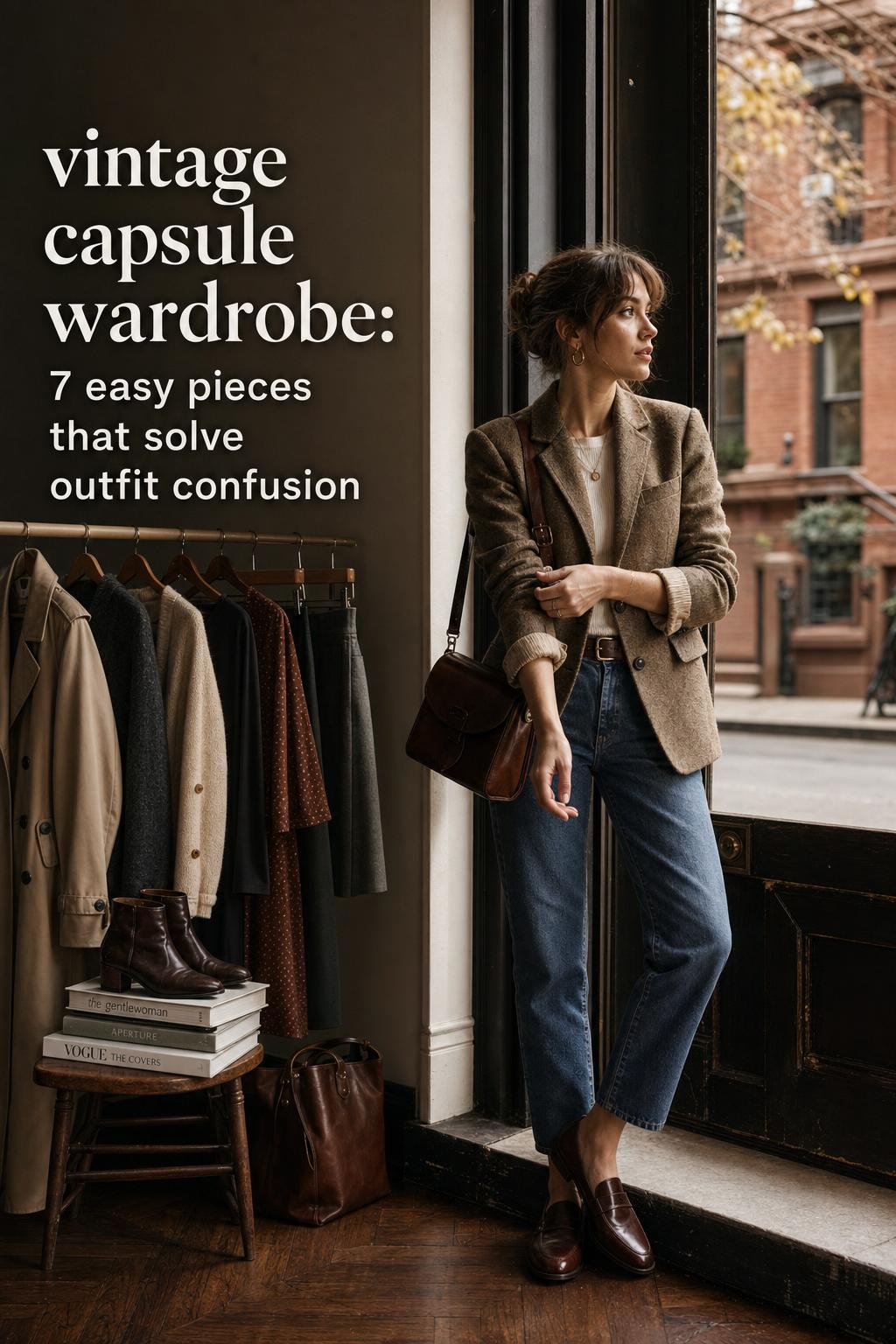 Woman in blazer and jeans at a brownstone doorway showcasing a vintage capsule wardrobe with classic capsule pieces nearby
