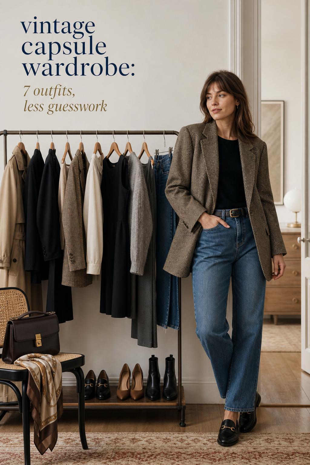 Vintage capsule wardrobe comparison in a minimalist entryway with tailored rack, blazer, jeans, trench, boots and accessories