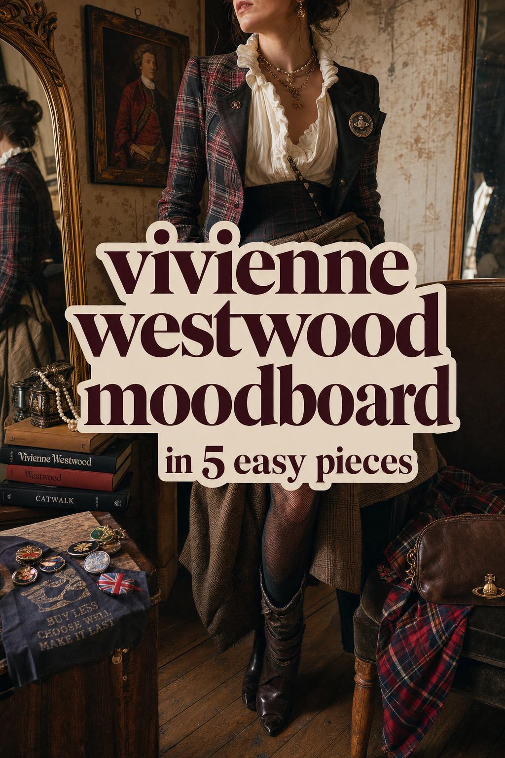 Vivienne Westwood moodboard in a cozy townhouse dressing room with tartan layers, velvet chair, vintage mirror, and statement bag.