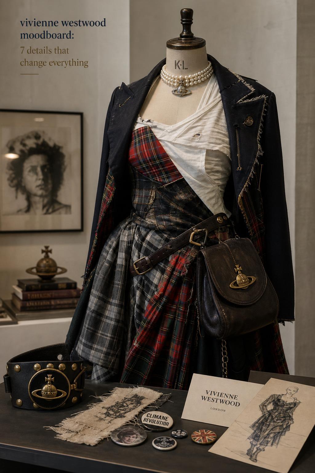 Vivienne westwood moodboard editorial still life with tartan textiles, pearl choker, orb jewelry, and punk tailoring