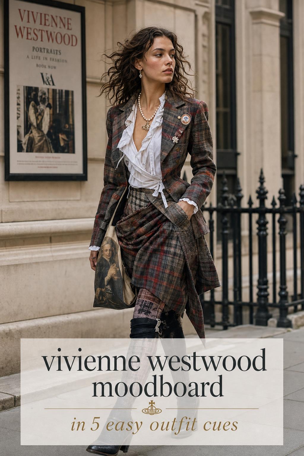 vivienne westwood moodboard street-style photo of a model in tartan layers and corseted tailoring walking past London stone facades