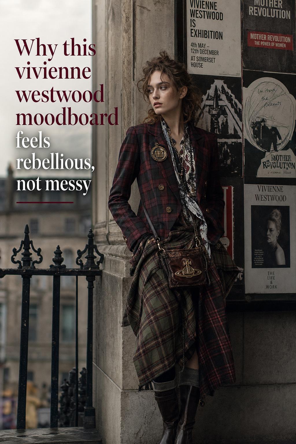 vivienne westwood moodboard fashion editorial in London with model in layered tartan, statement accessory, and moody light