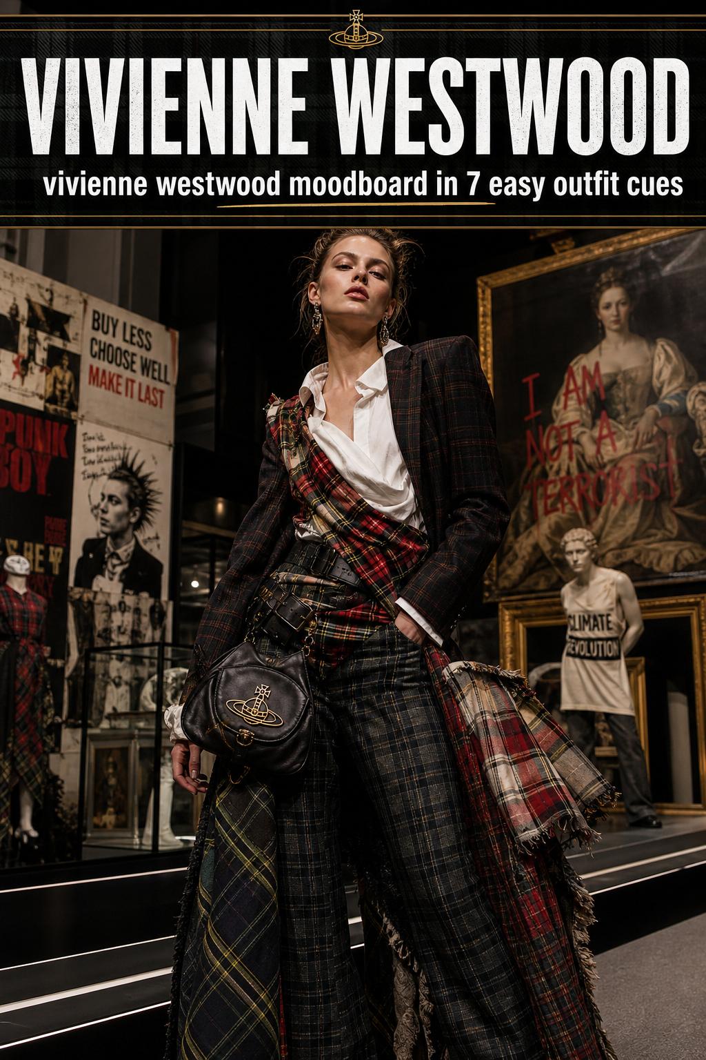Vivienne Westwood moodboard with punk fashion clippings, tartan fabric, pearls, and runway inspiration on a desk