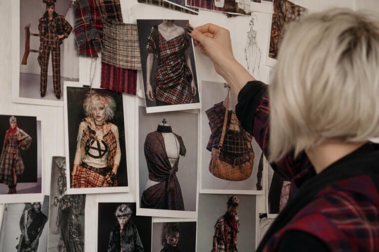 Vivienne Westwood moodboard with tartan, punk graphics, political iconography, and runway tailoring details in a curated collage