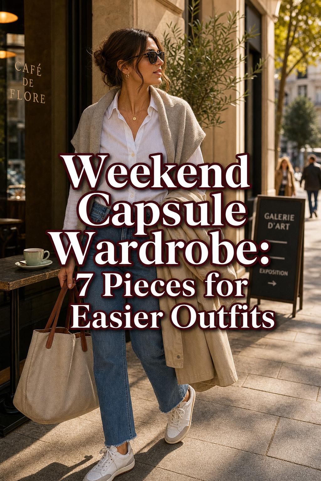 Weekend capsule wardrobe in a golden-hour city stroll, layered neutral outfit with tote and jacket near a cozy café.