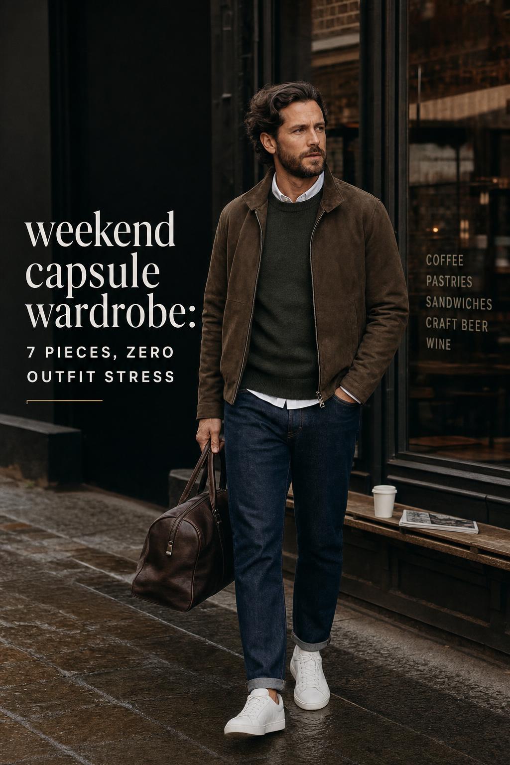 Weekend capsule wardrobe editorial photo of model in oxford shirt, knit layer, dark denim, suede jacket on city street