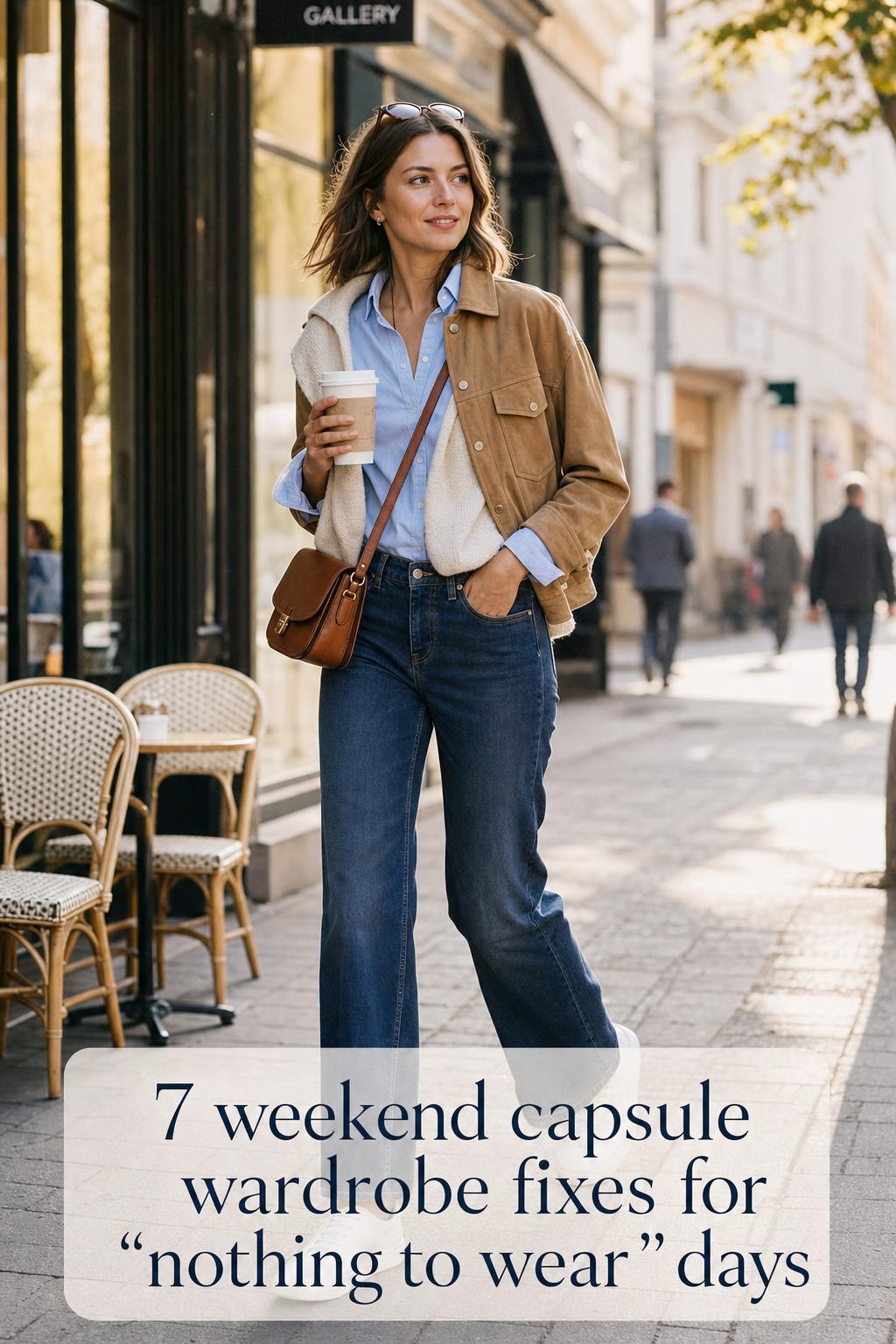 Weekend capsule wardrobe look: woman in Oxford shirt, knit sweater, dark denim and white sneakers walking by city café