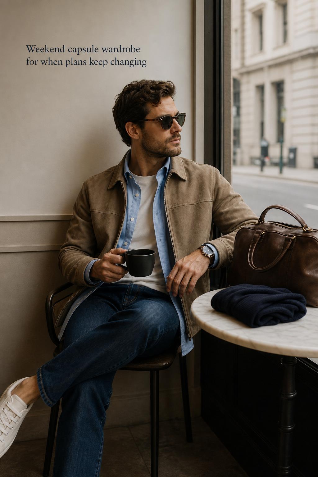 Weekend capsule wardrobe essentials styled on a café table with denim, oxford shirt, knitwear, sneakers and weekender bag