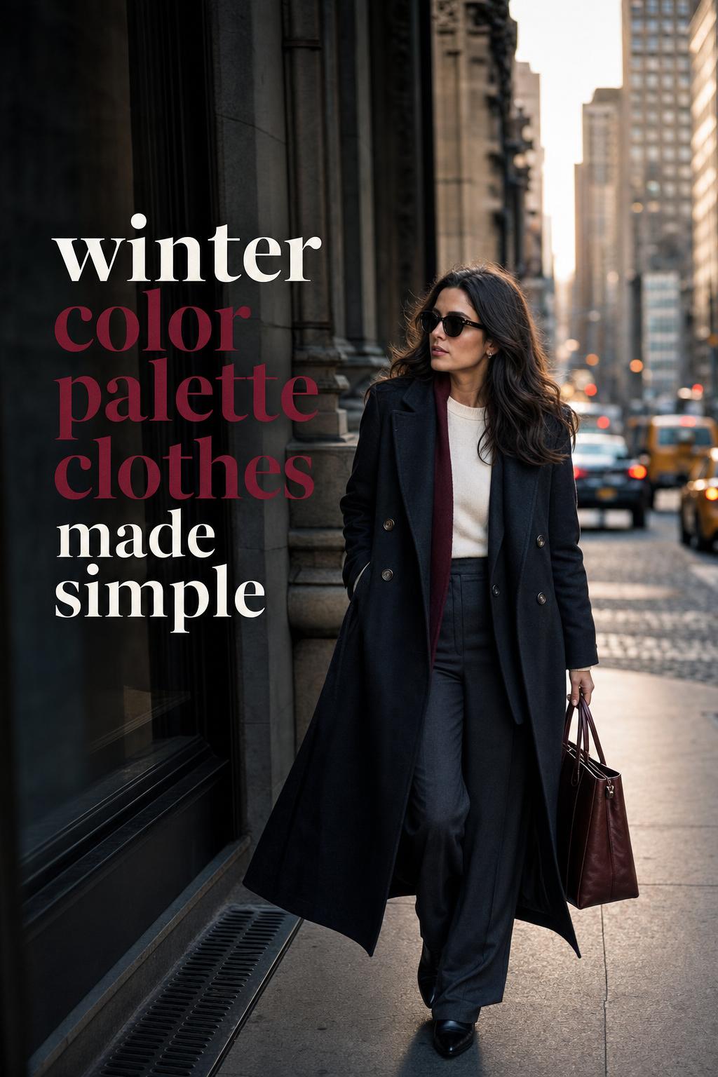 Stylish woman in a city wearing winter color palette clothes with a black wool coat, emerald knit layer, and leather boots
