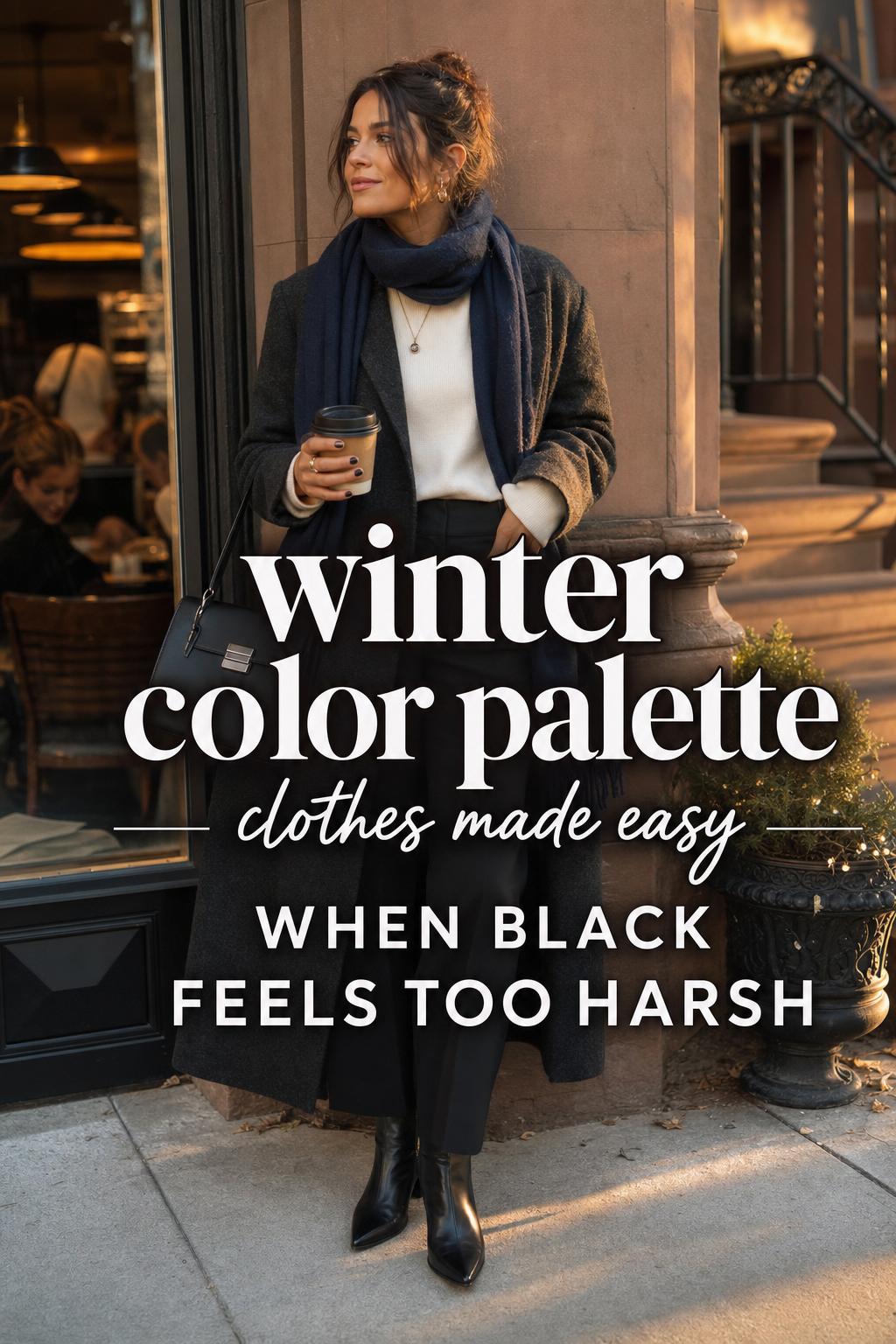 Stylish woman in city golden hour wearing winter color palette clothes with black coat and jewel-tone knit by café window