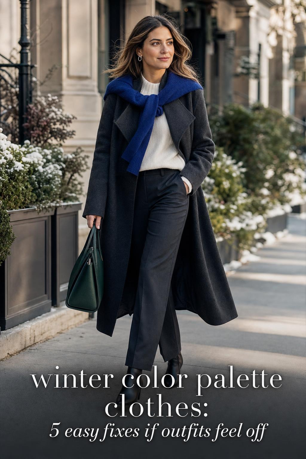 Stylish woman in charcoal coat with jewel-tone accent walking in a bright city scene, winter color palette clothes guide text