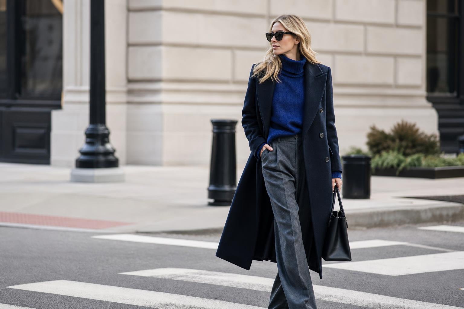 Winter color palette clothes in a city outfit with a black coat, white knit, charcoal trousers, and emerald accents