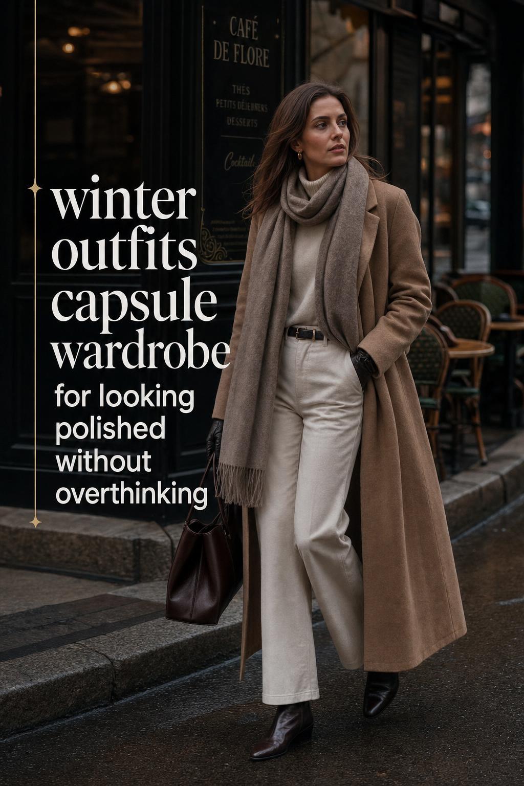 Winter outfits capsule wardrobe street style: woman in camel coat and scarf walking past a city café on a moody morning.