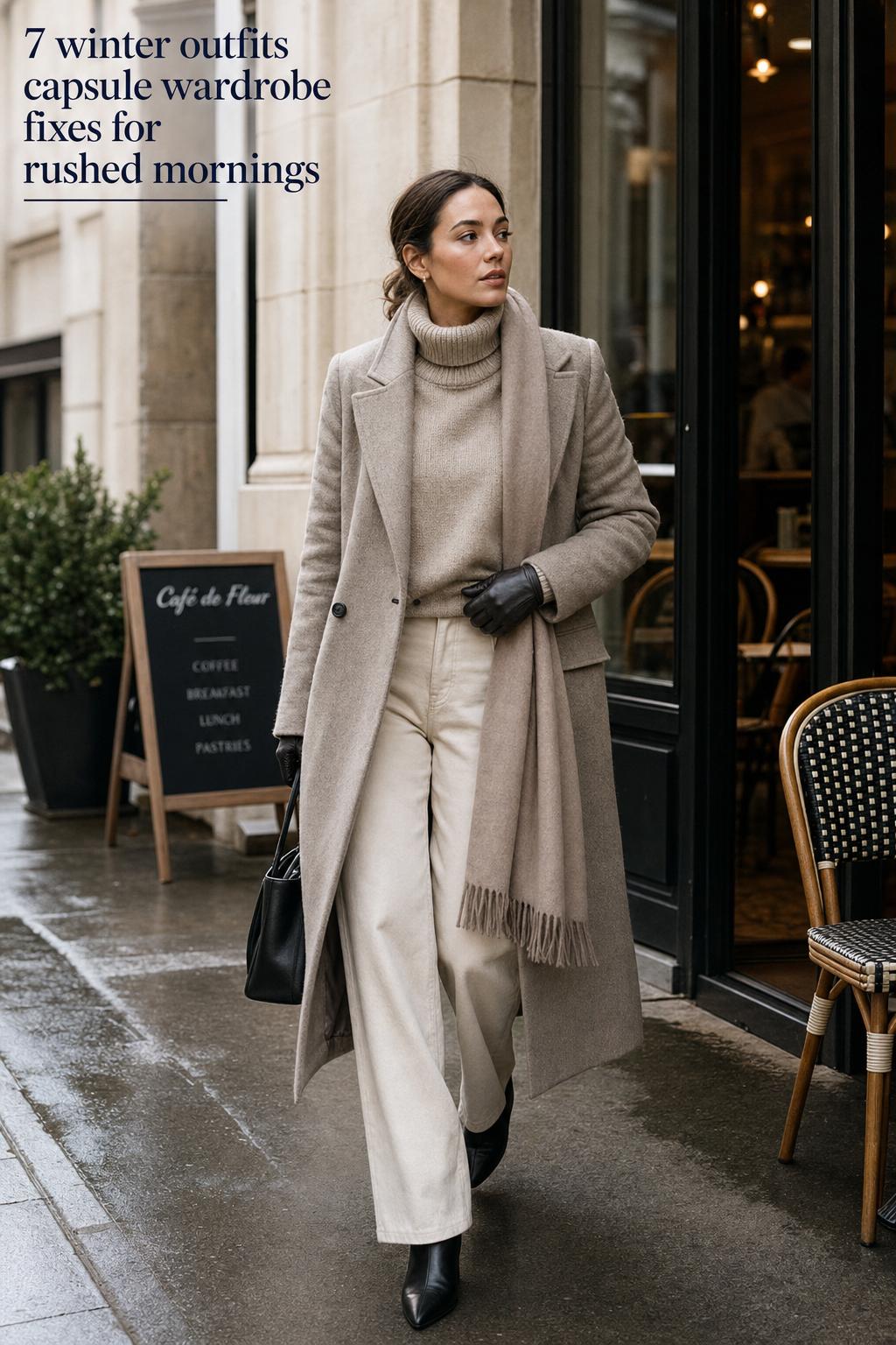 Winter outfits capsule wardrobe featuring a woman in a camel wool coat, cashmere turtleneck, scarf and ankle boots on a city sidewalk.
