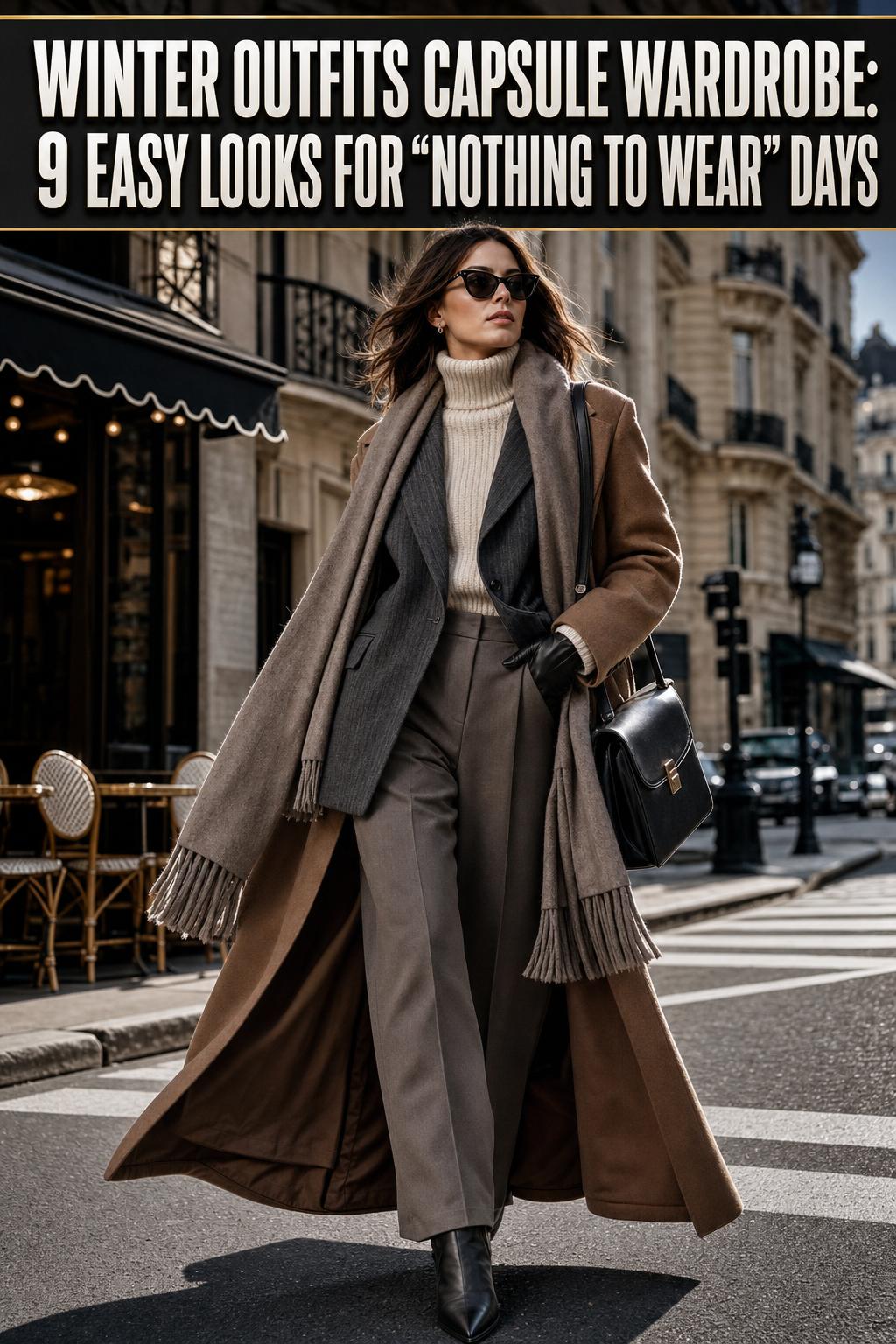 Winter outfits capsule wardrobe neatly arranged on a bed with cozy sweaters, coat, boots, and accessories