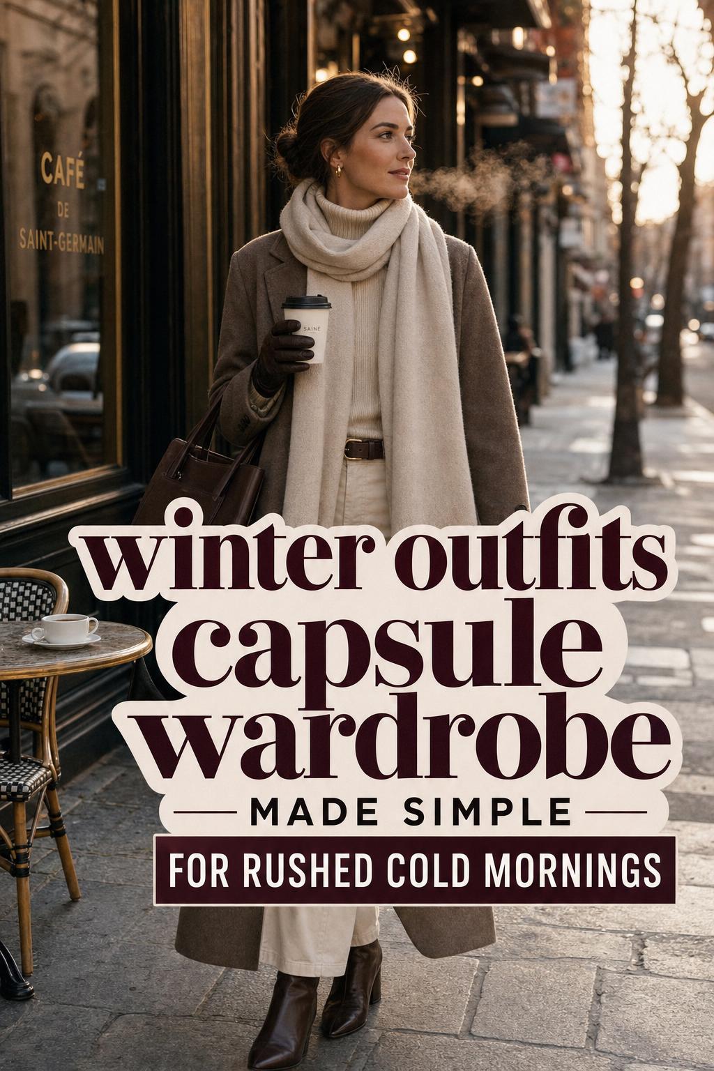 Stylish woman walking at golden hour in a winter city street wearing a winter outfits capsule wardrobe with camel coat and scarf