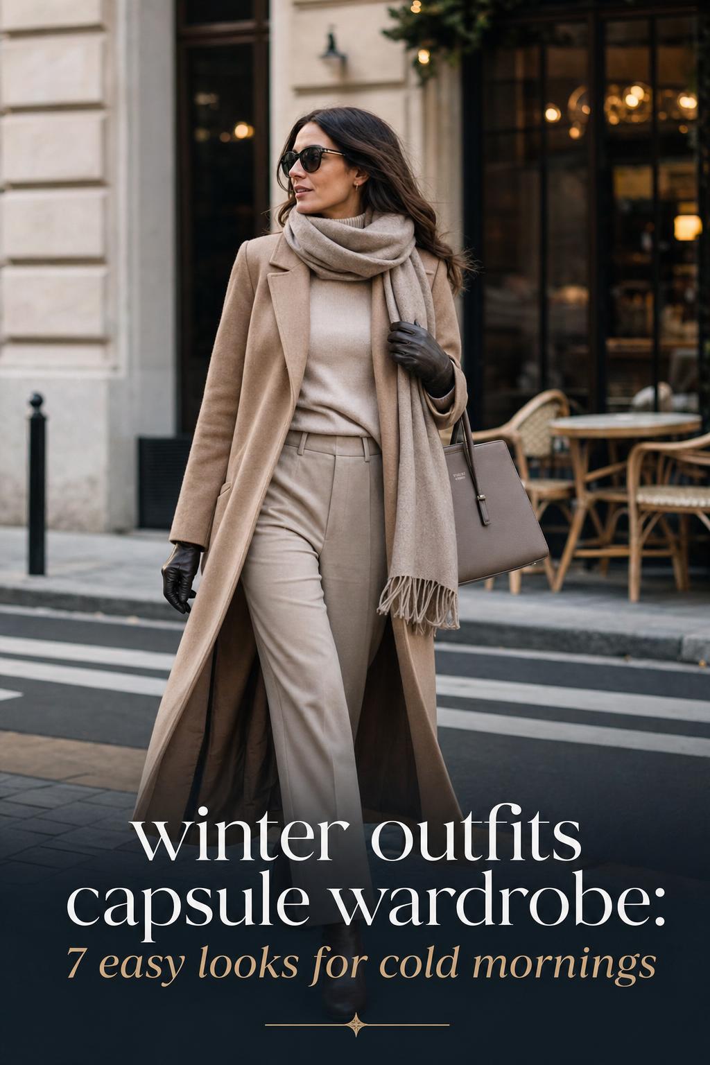 Winter outfits capsule wardrobe featuring a stylish woman in camel coat and scarf walking past a café on a chic city street